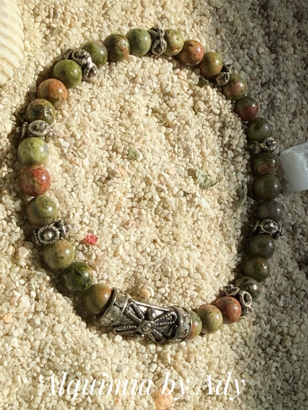 Vintage silver Green unakite Beaded bracelet